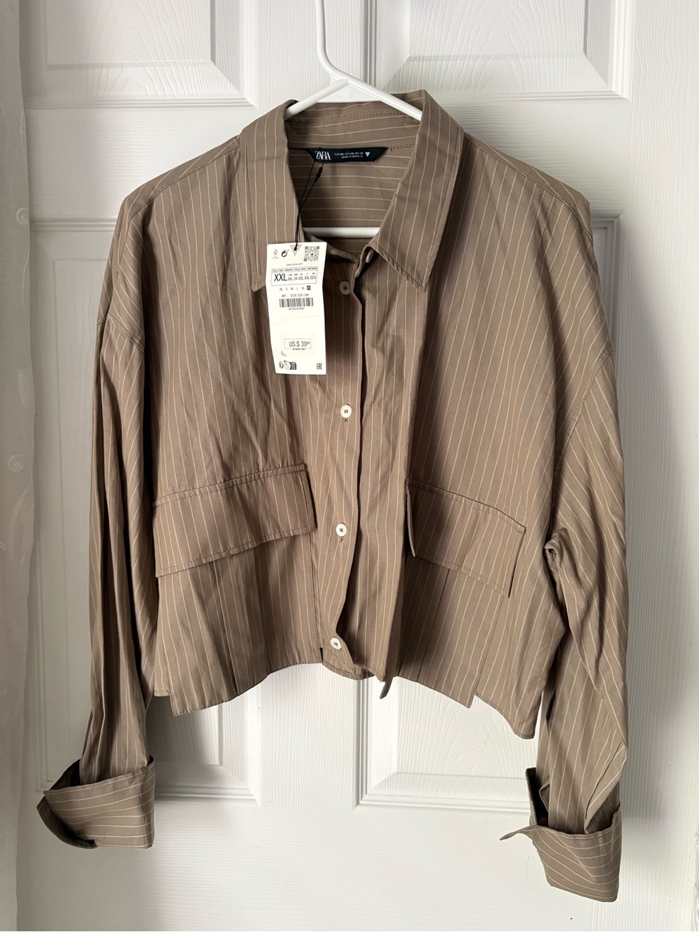 New NWT Zara Cropped Pinstripe gabardine blazer button-down shirt top size XXL